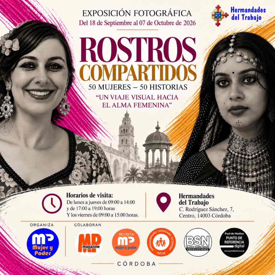Cartel cuadrado de la exposición fotográfica «Rostros Compartidos: 50 Mujeres · 50 Historias», que reúne retratos de mujeres de España y la India.