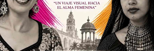 Cartel cuadrado de la exposición fotográfica «Rostros Compartidos: 50 Mujeres · 50 Historias», que reúne retratos de mujeres de España y la India.