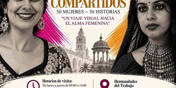 Cartel cuadrado de la exposición fotográfica «Rostros Compartidos: 50 Mujeres · 50 Historias», que reúne retratos de mujeres de España y la India.